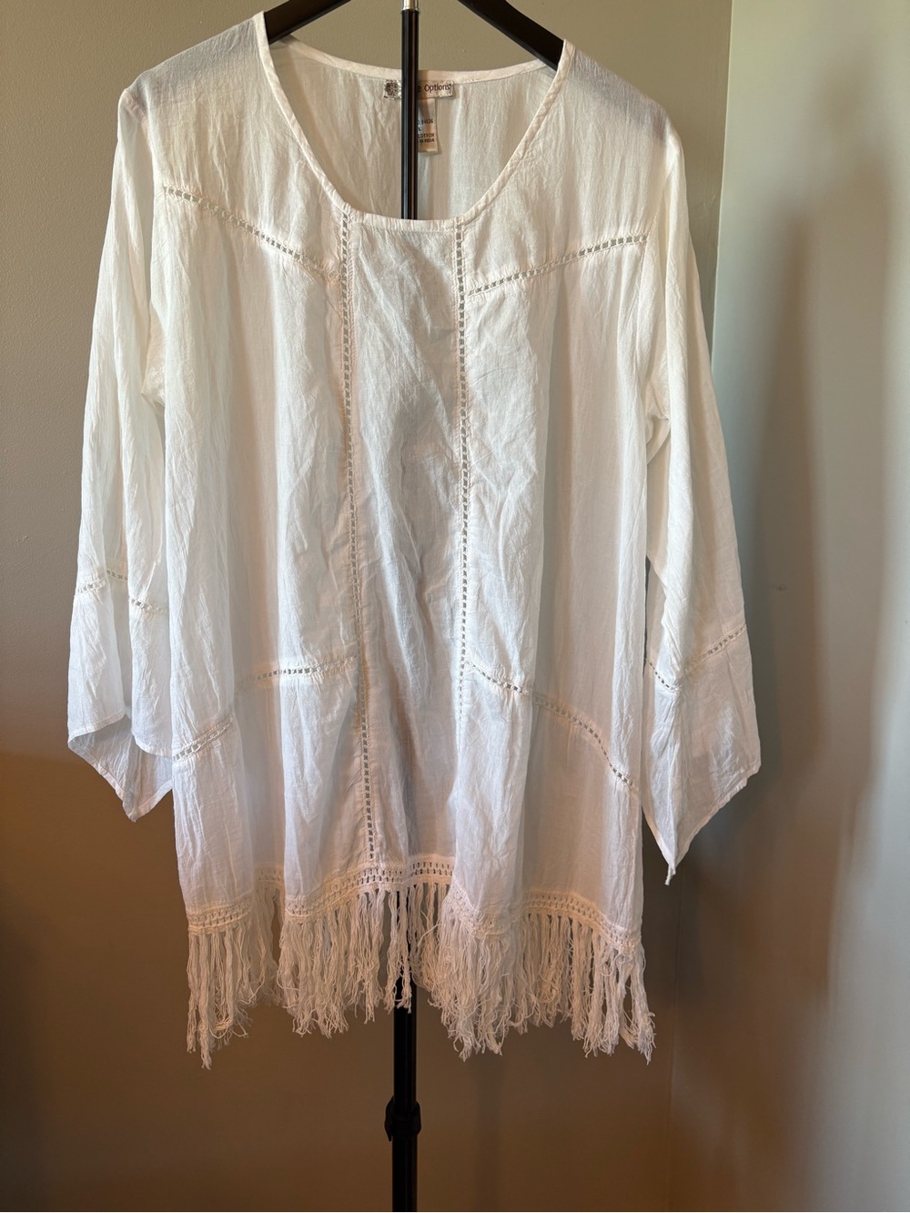 Cute Options Size Large Boho Fringe Hem Cotton Women's Blouse in White